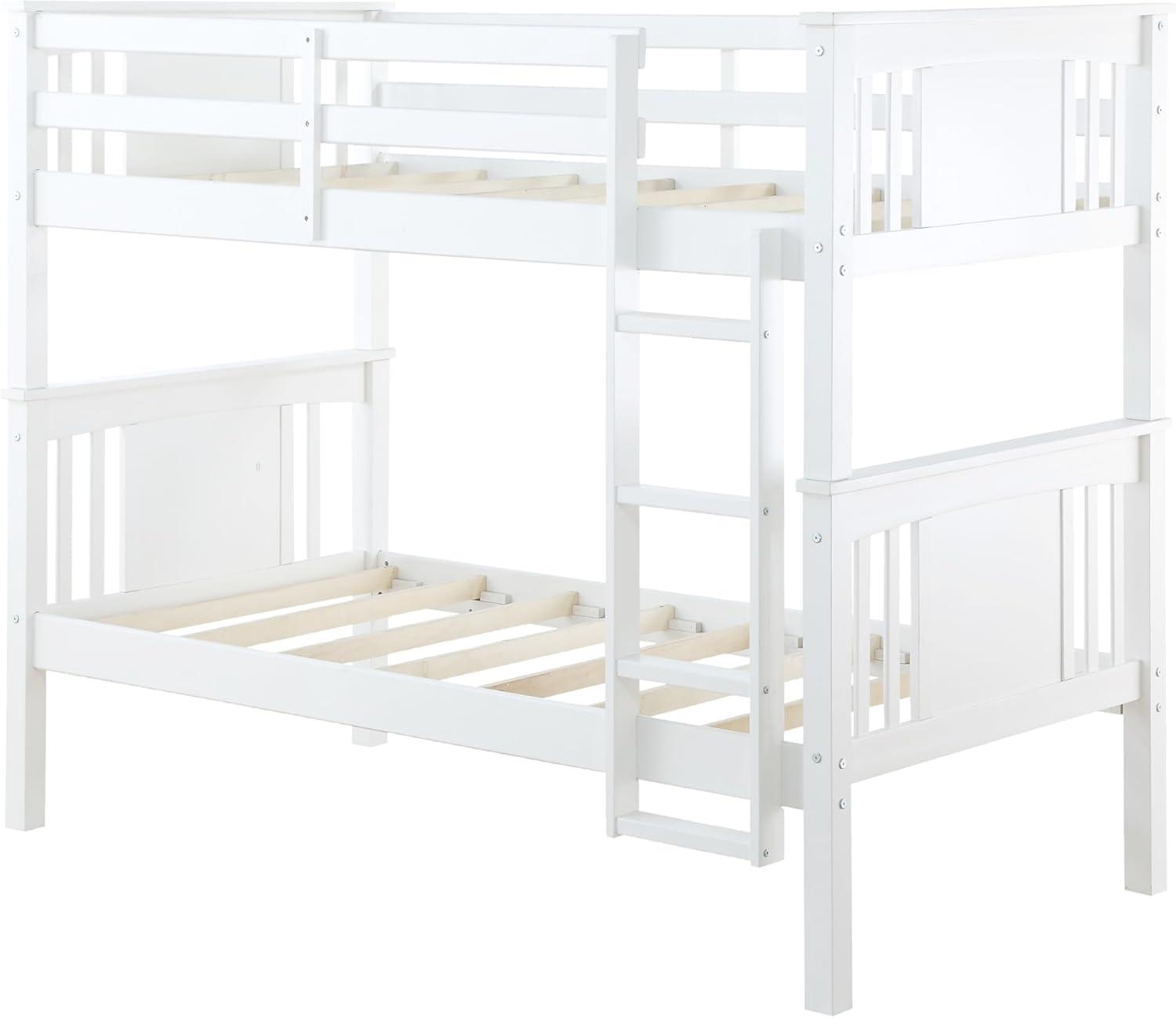 White Twin Over Twin Wood Bunk Bed with Ladder and Guardrail