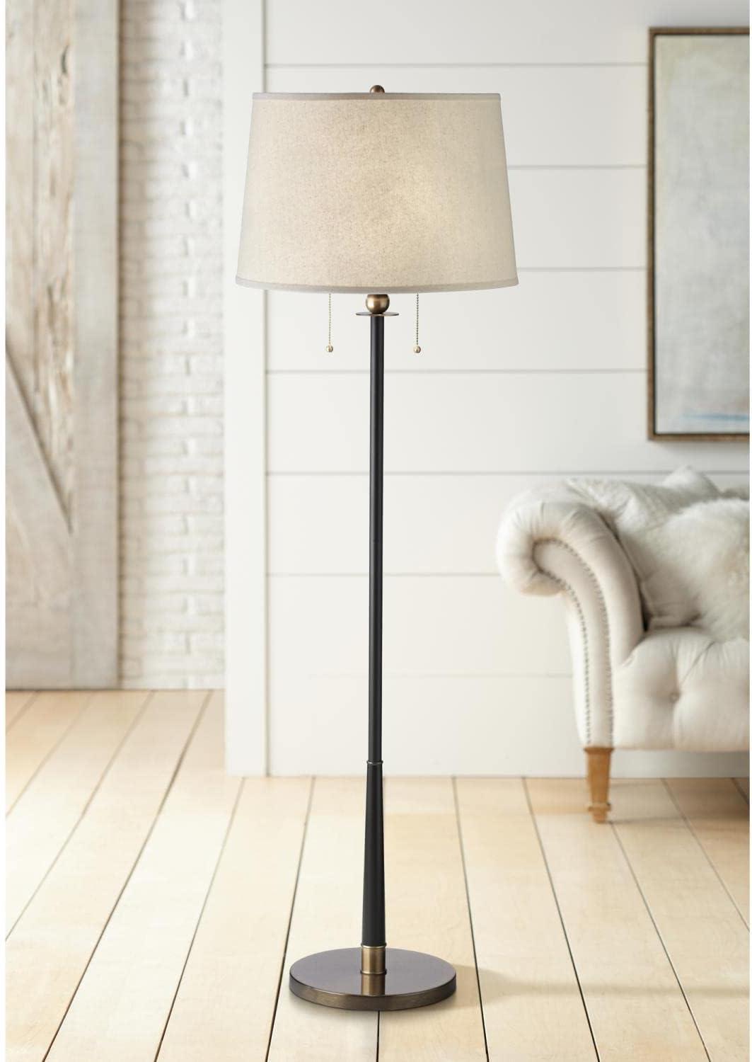 Kathy Ireland City Heights Modern 59" Tall Standing Floor Lamp Skinny Pole Pull Chain Black Gold Metal Antique Brass Finish Living Room Bedroom House