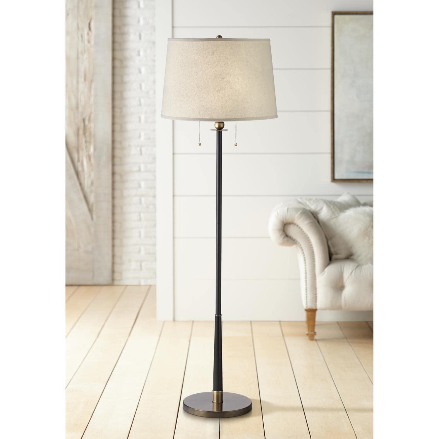 Kathy Ireland City Heights Modern 59" Tall Standing Floor Lamp Skinny Pole Pull Chain Black Gold Metal Antique Brass Finish Living Room Bedroom House