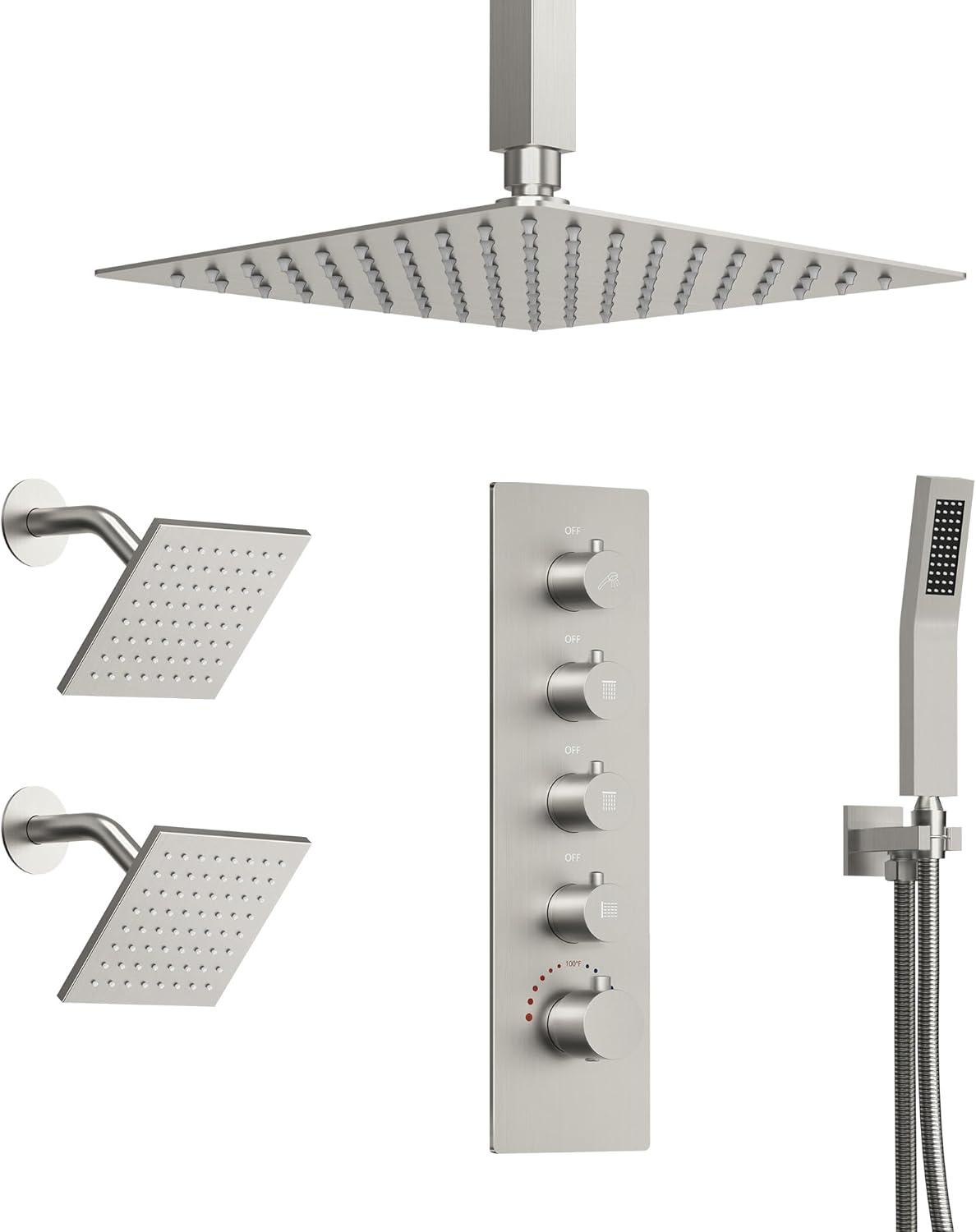 15-Spray Patterns 16" & 6" Triple Shower Heads, Shower FaucetSystem with Thermostatic Rough-in Valve