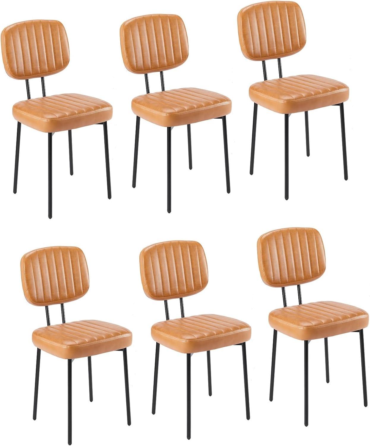 Mid-Century Modern Brown Faux Leather Upholstered Dining Chairs with Metal Legs, Set of 2