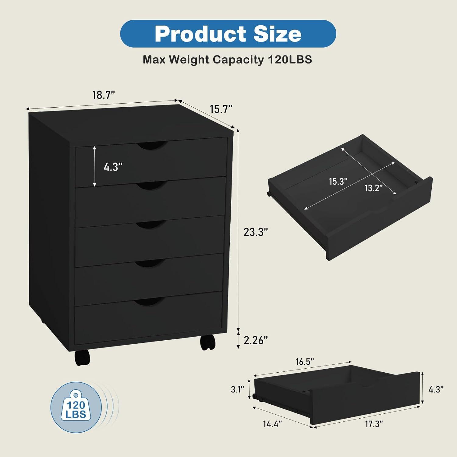 5-Drawer Wood File Cabinet with Wheels, Rolling Storage Organizer for Home Office, 18.74"W x 15.75"D x 25.39"H