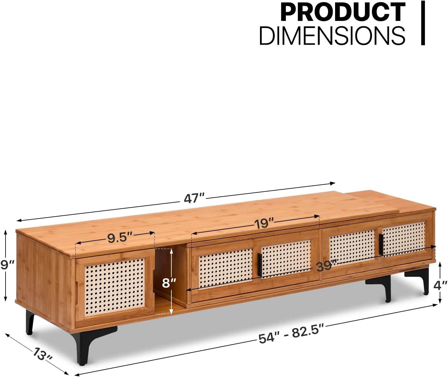 MoNiBloom Bamboo TV Stand with Storage Cabinet, 54" to 82.5" Extendable Length TV Console for Home Living Room