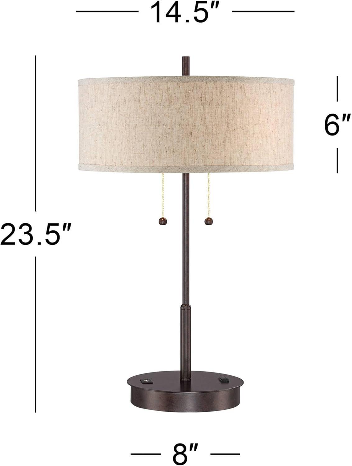 360 Lighting Modern Accent Table Lamp with USB and AC Power Outlet 23 1/2" High Bronze Fabric Drum Shade for Bedroom Living Room House Desk Bedside