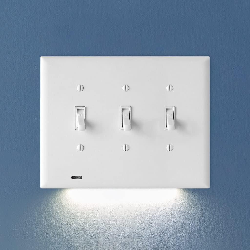 SnapPower SwitchLight Triple-Gang Wall Plate Night Light - Bright / Dim / Off Sensor - Toggle, White (1 Pack)