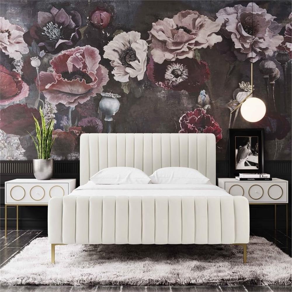 Maklaine 41.7"H Transitional Velvet Upholstered Queen Bed in Cream