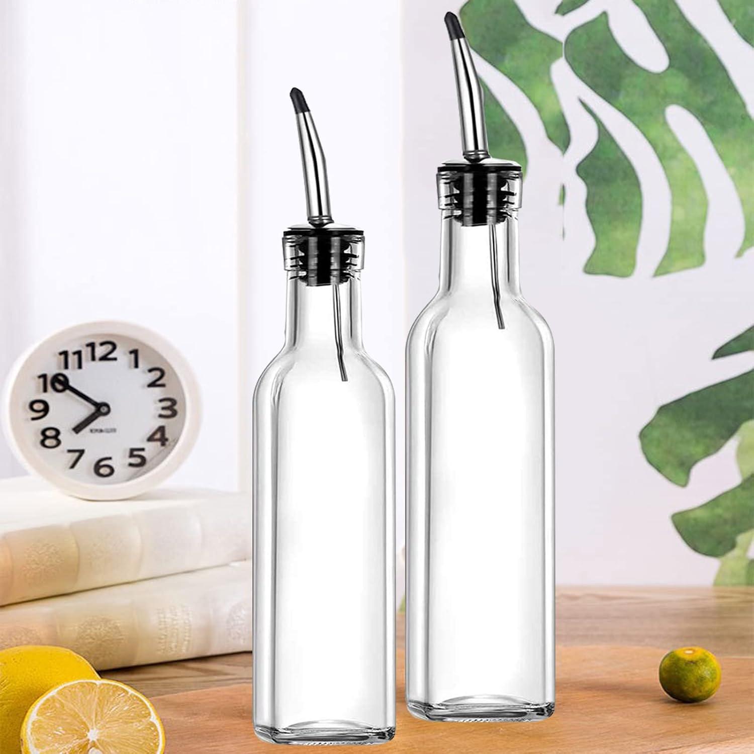 Soro Essentials- Set of 2- Glass 16 oz. Square Cruet with Stainless Steel Pourer - Vinegar and Olive Oil Bottle Dispenser Oil Bottles for Kitchen with Pourers Square Glass Oil Container