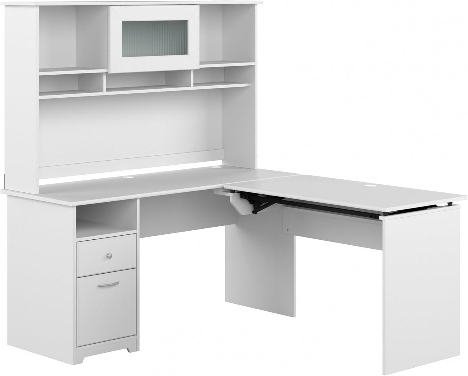 Cabot 60W Sit to Stand L Desk with Hutch in White - Engineered Wood