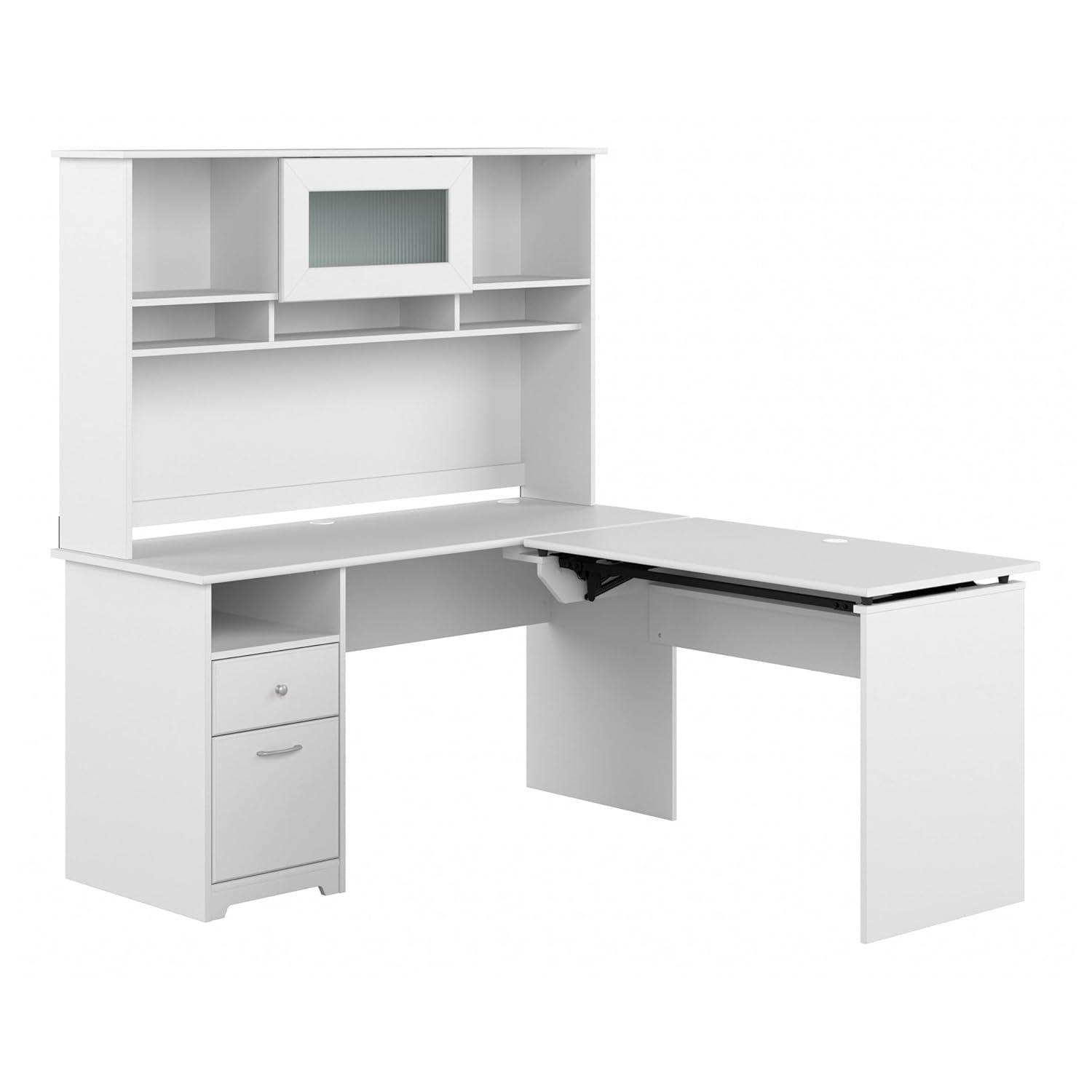 Cabot 60W Sit to Stand L Desk with Hutch in White - Engineered Wood