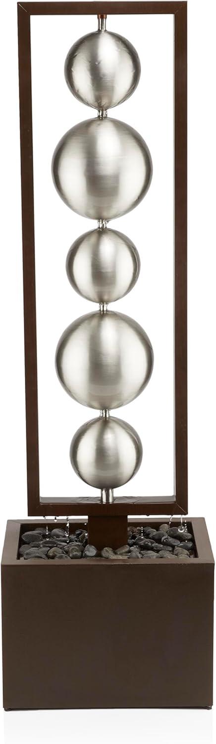 55" Metal Modern Column Fountain with Stainless Steel Orbs Silver/Brown - Alpine Corporation: Electric-Powered