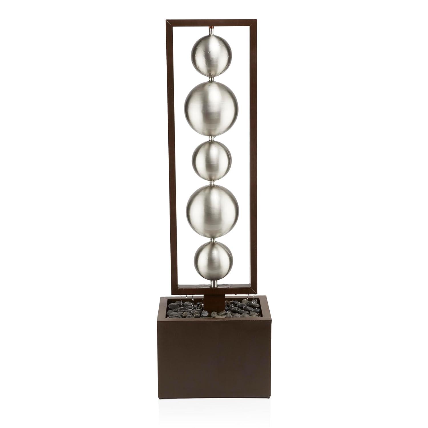 55" Metal Modern Column Fountain with Stainless Steel Orbs Silver/Brown - Alpine Corporation: Electric-Powered