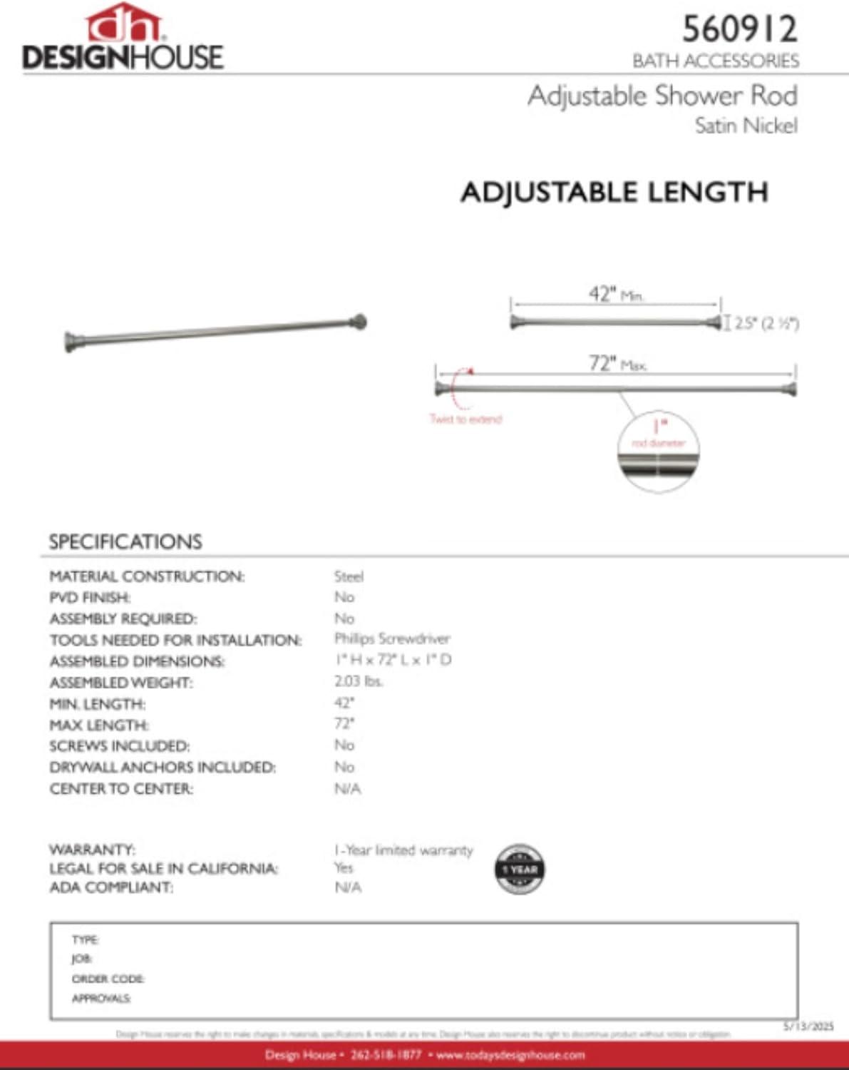 Design House Classic Adjustable Straight Tension Shower Curtain Rod for Bathroom