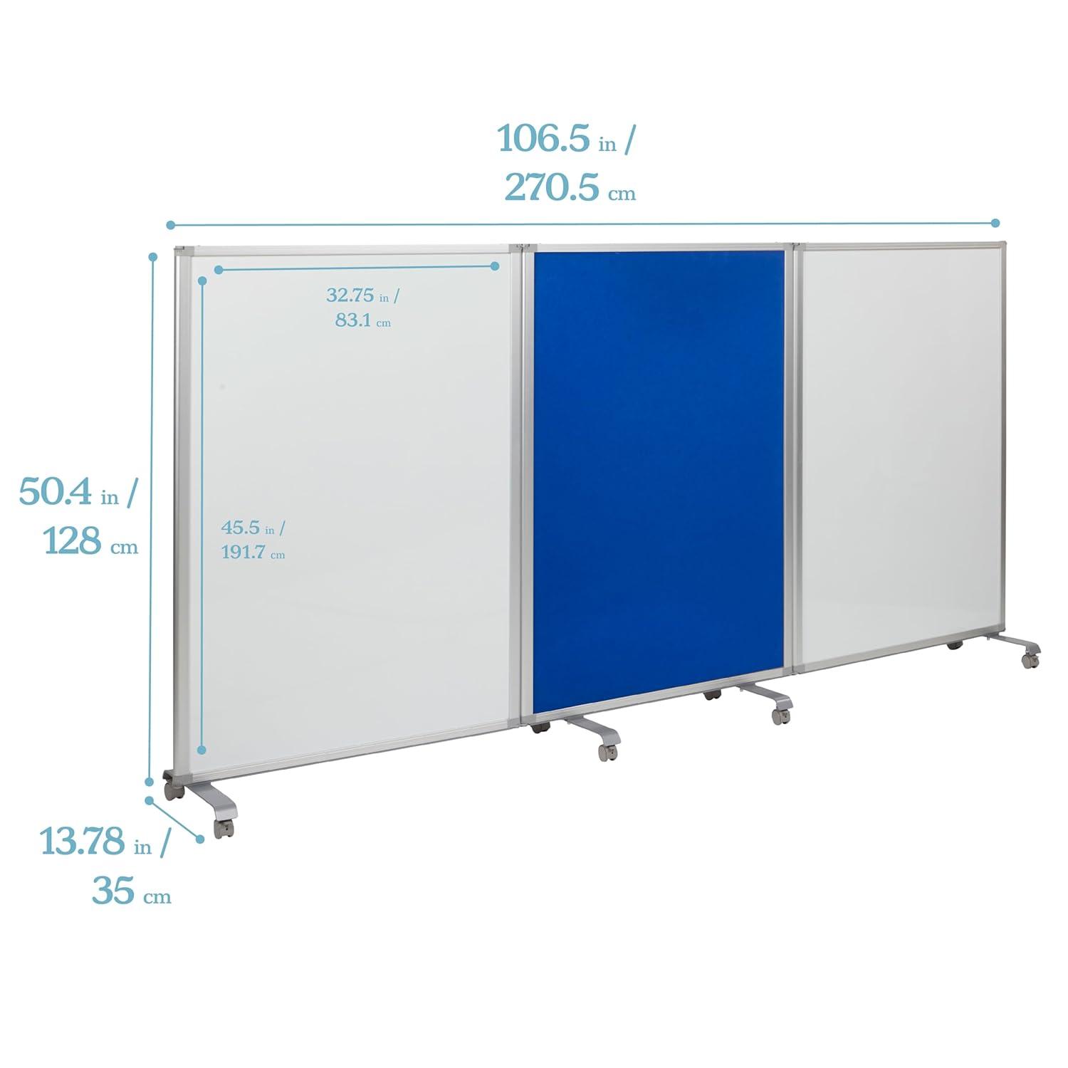 Blue and White 3-Panel Mobile Dry-Erase and Felt Room Divider