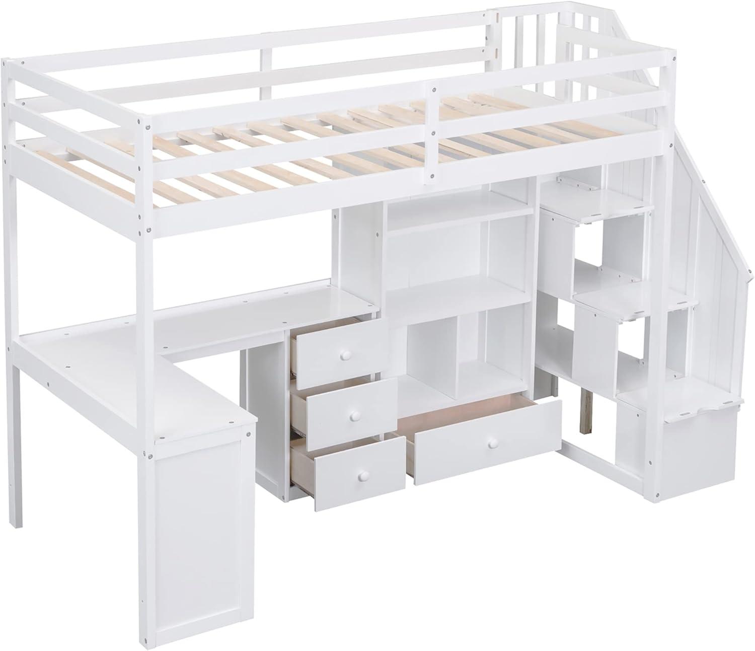 Bellemave Twin Size Loft Bed with Desk and Stairs Wood Loft Beds with Storage Cabinet and Bookcase High Loft Bed Frame with Staircase Shelves for Kids, Teen, Boys, Girls, White