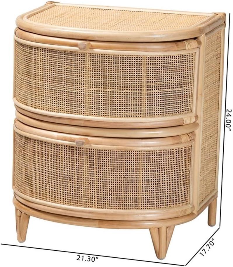 Natural Brown Rattan 2-Drawer Curved Nightstand