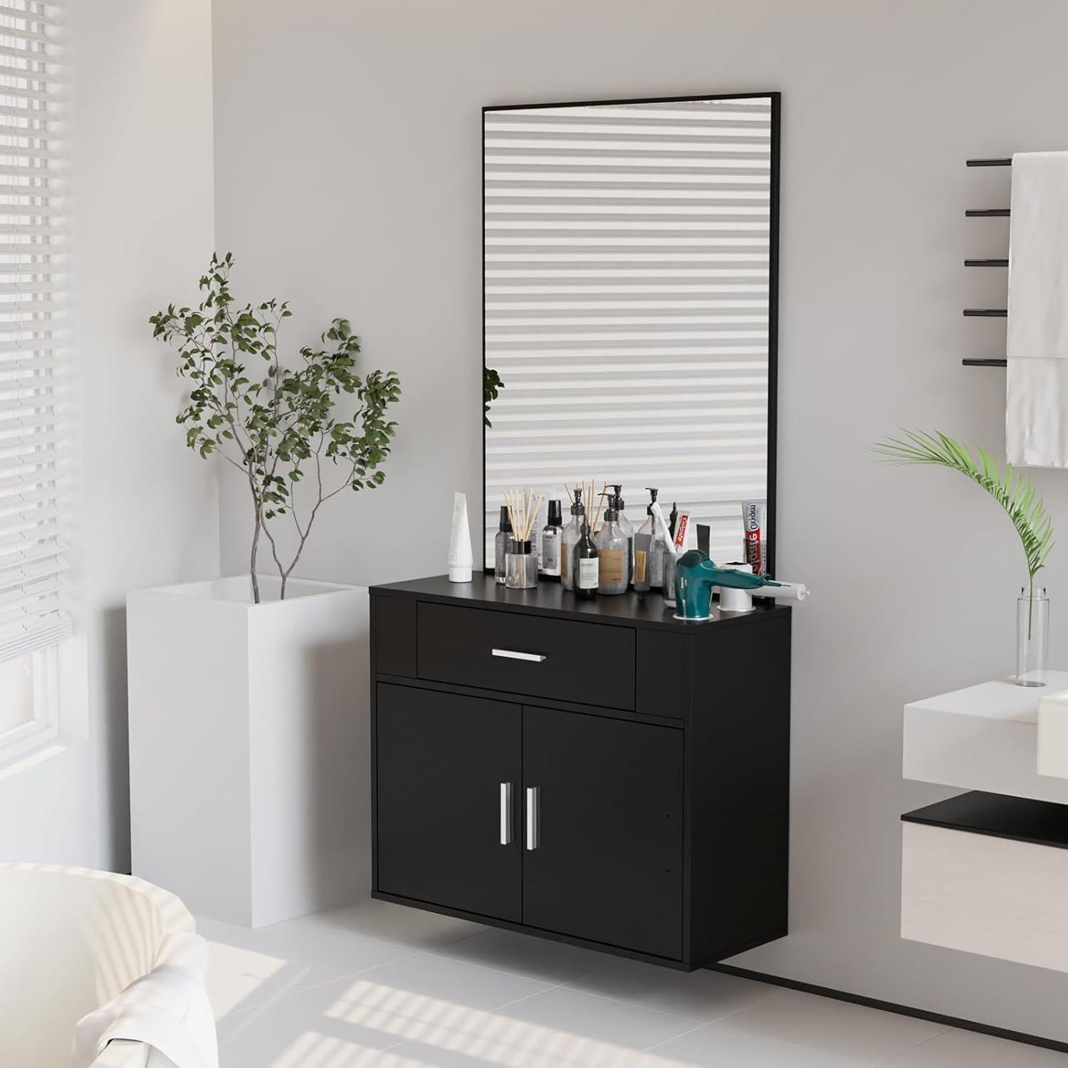 Black Wall Mount Salon Station with Mirror and Storage