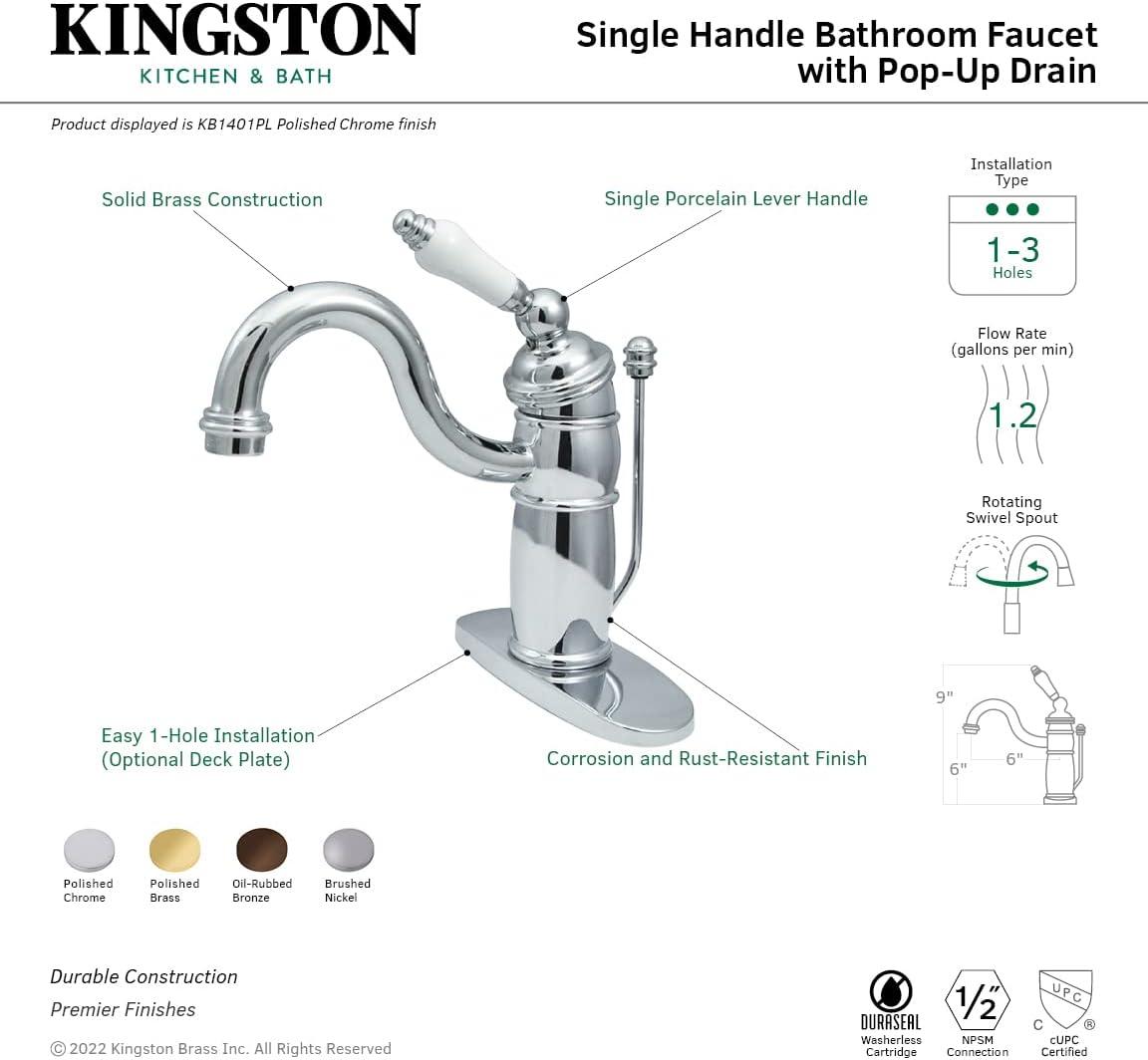 Kingston Brass Victorian Single-Handle 1-Hole Deck Mount Bathroom Faucet with Plastic Pop-Up