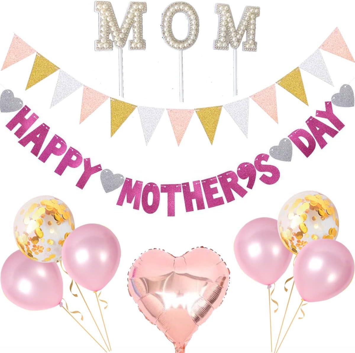 Pink Happy Mothers Day Banner Party Decorations supply set, MOM Cake Topper, 15 pcs Glitter Gold Pink and WhiteTriangle Bunting, 2 pcs Heart Shape Foil Balloon, 15 Pink and Gold Confetti Balloon