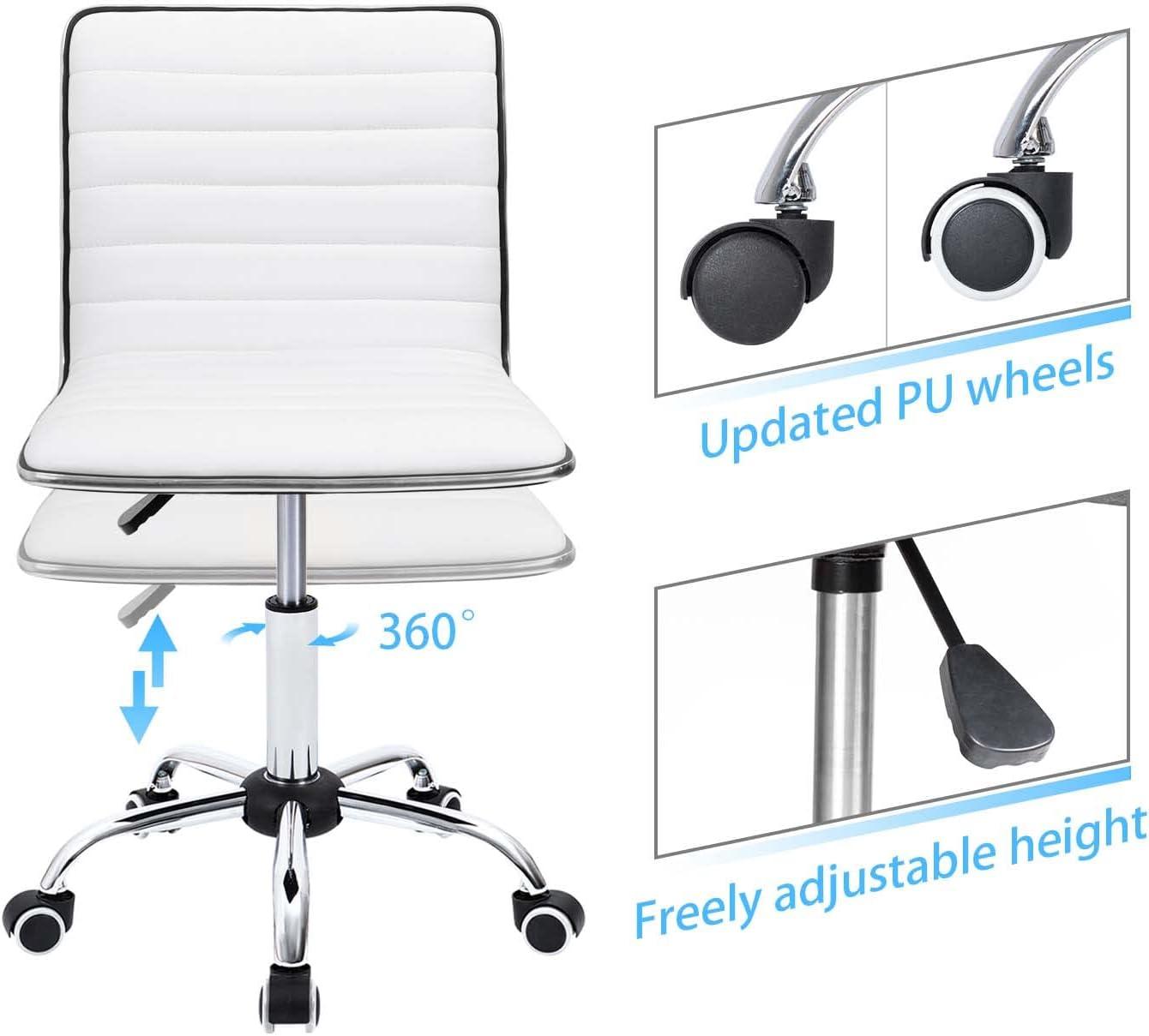 Furmax Leather Swivel Office Chair - Mid Back Vanity Chair for Makeup Desk, Armless Ribbed Task Chair with Ergonomic Support (White)