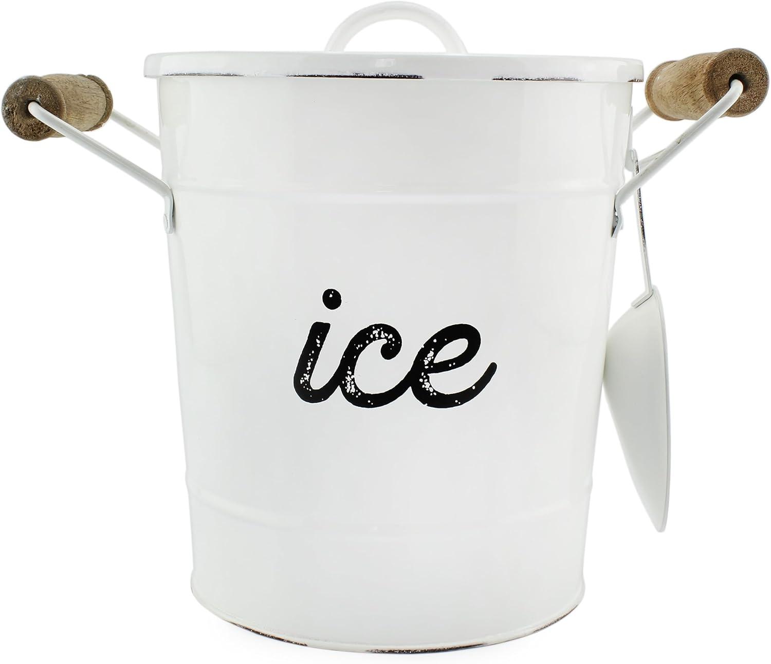 AuldHome Design White Farmhouse Enamelware Ice Bucket; Rustic Style Insulated Ice Server