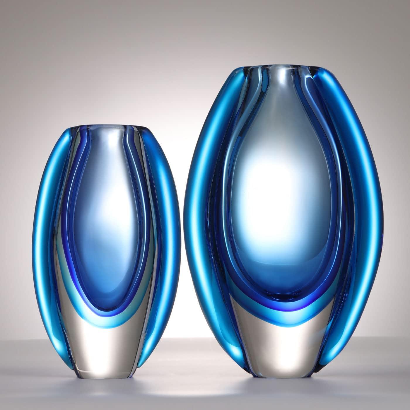 Luxury Lane Hand Blown Sommerso Oval Art Glass Vase Blue 10"H