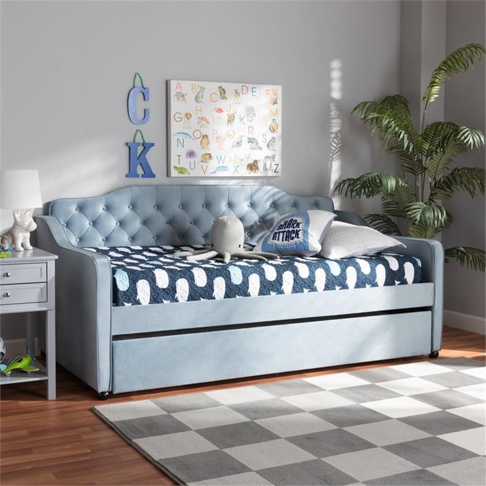 Twin Freda Velvet Tufted Daybed with Trundle Light Blue - Baxton Studio: Upholstered, Mid-Century Modern, No Box Spring Required