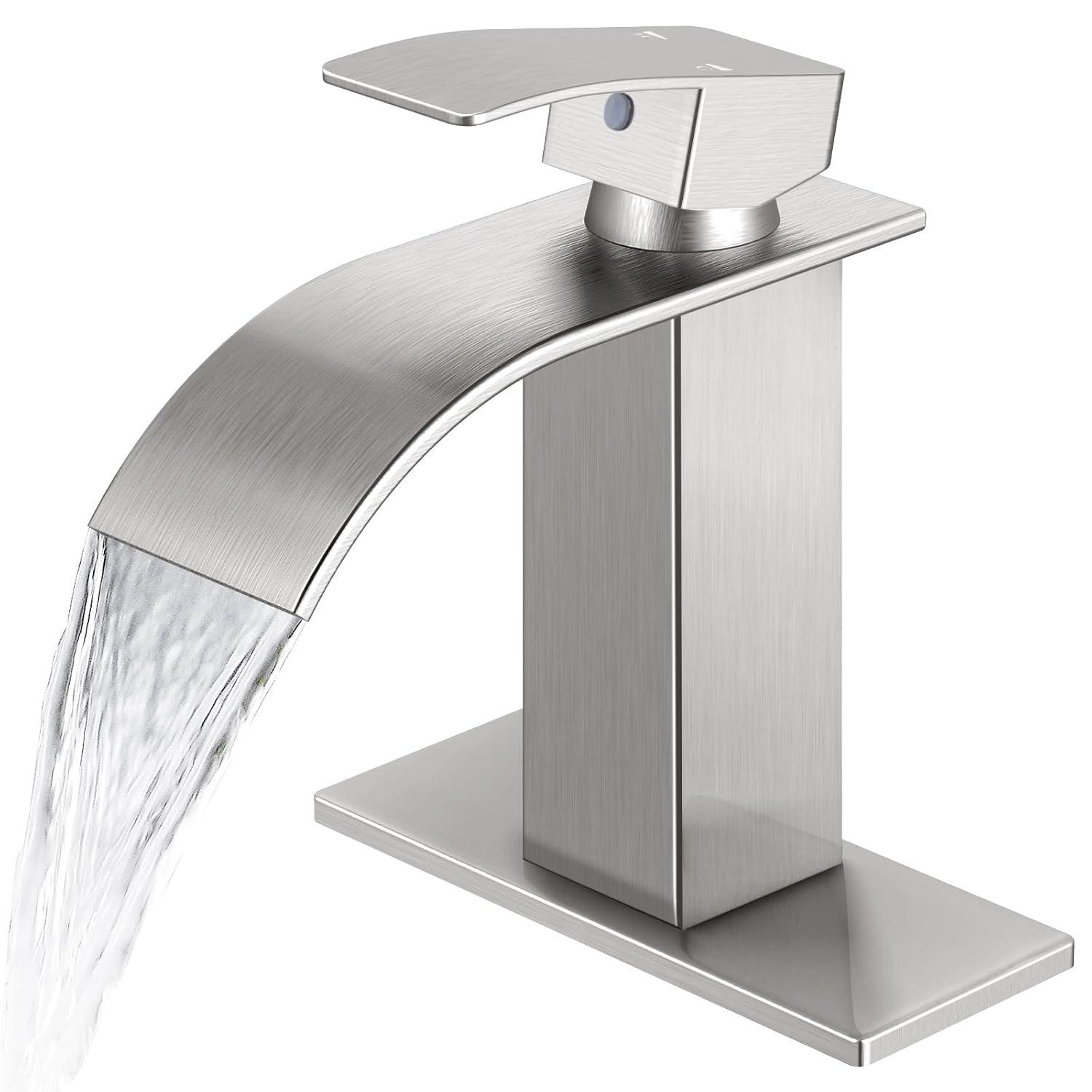 Qomolangma Vessel Sinks Waterfall Bathroom Sink Faucet, Tall Single Handle Bathroom Sink Faucets, Brushed Nickel Bathroom Faucet Suitable for 1 Hole, Staniless Steel Rv Lavatory Vanity Faucet