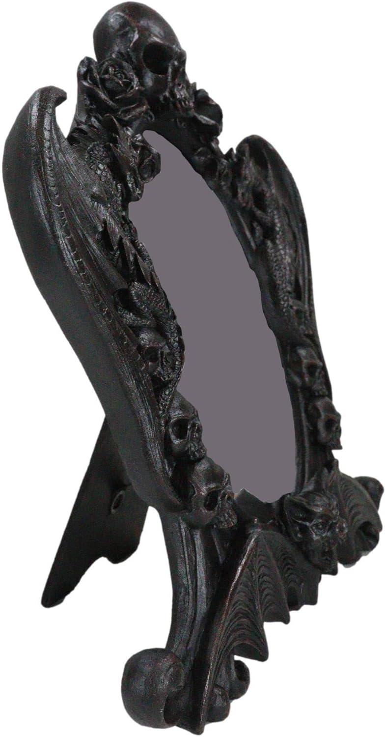 Gothic Black Resin Mirror with Skulls, Roses, and Bats