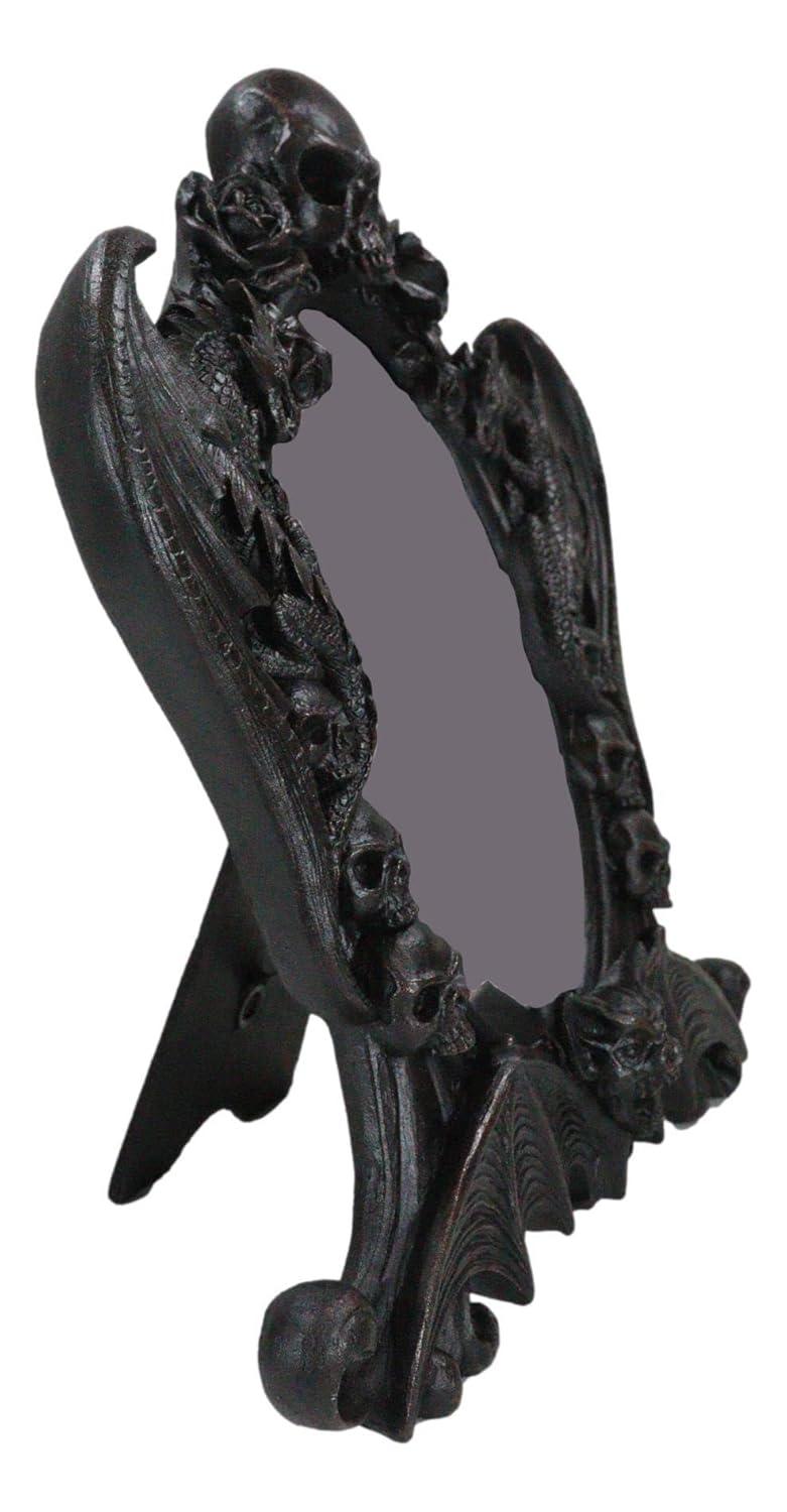 Gothic Black Resin Mirror with Skulls, Roses, and Bats