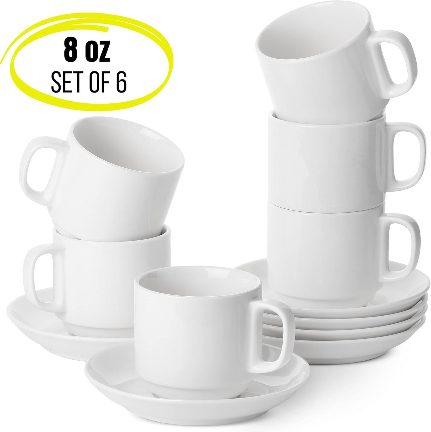 White Porcelain Stackable Tea Cups and Saucers Set of 6