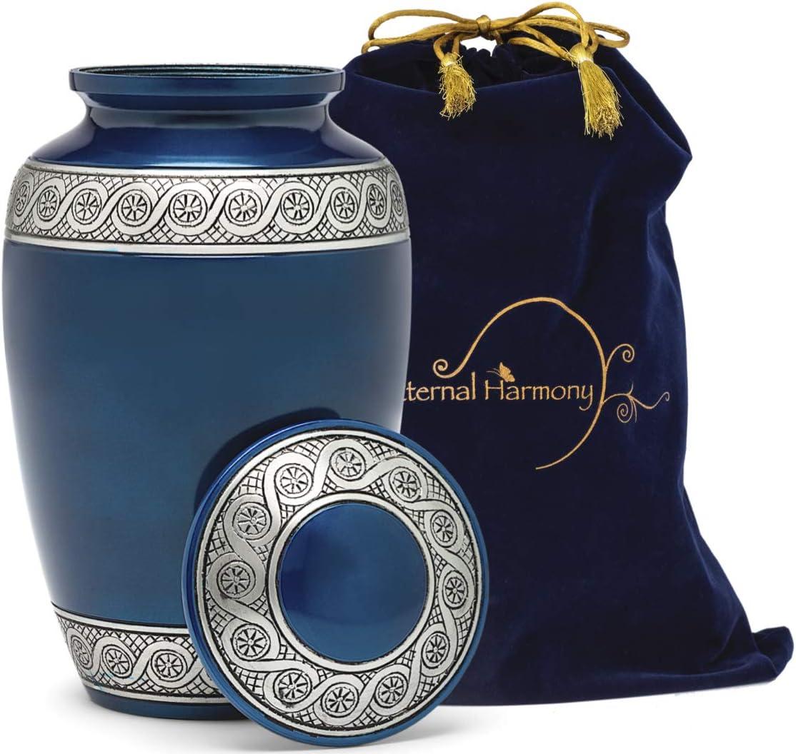 Blue Painted Metal Cremation Urn with Engraved Design