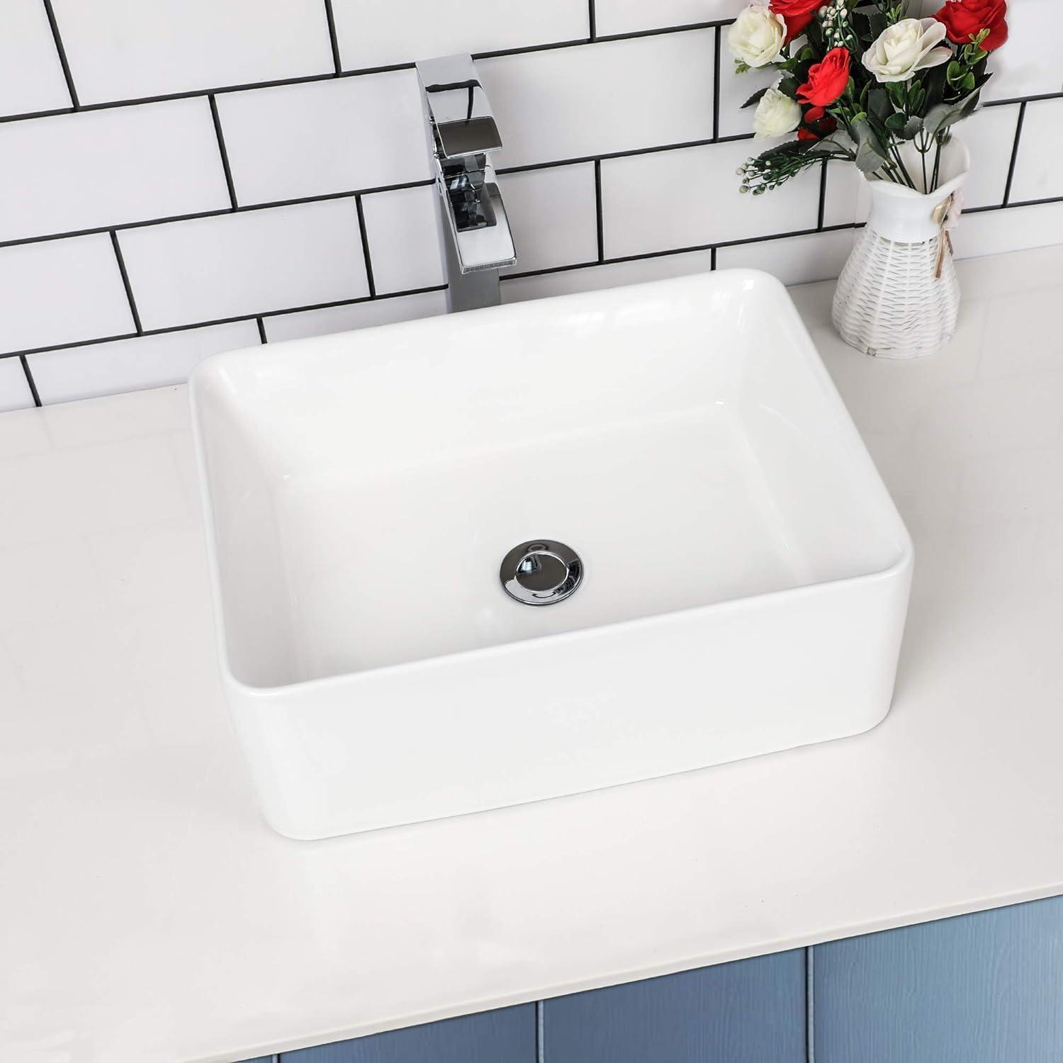 White Ceramic Rectangular Above-Counter Vessel Sink