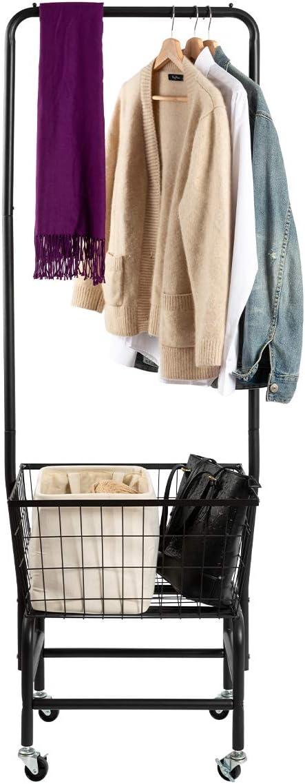 Black Metal Rolling Laundry Cart with Wire Storage Rack