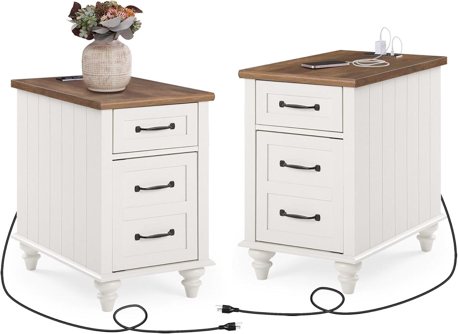 WAMPAT 2 Pack End Tables with Charging Station, Farmhouse Side Table with Drawer & Storage Cabinet, White Nightstand with Power Outlets & USB Ports for Living Room, Bedroom