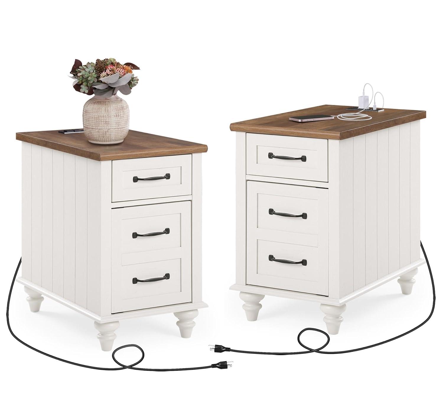 WAMPAT 2 Pack End Tables with Charging Station, Farmhouse Side Table with Drawer & Storage Cabinet, White Nightstand with Power Outlets & USB Ports for Living Room, Bedroom