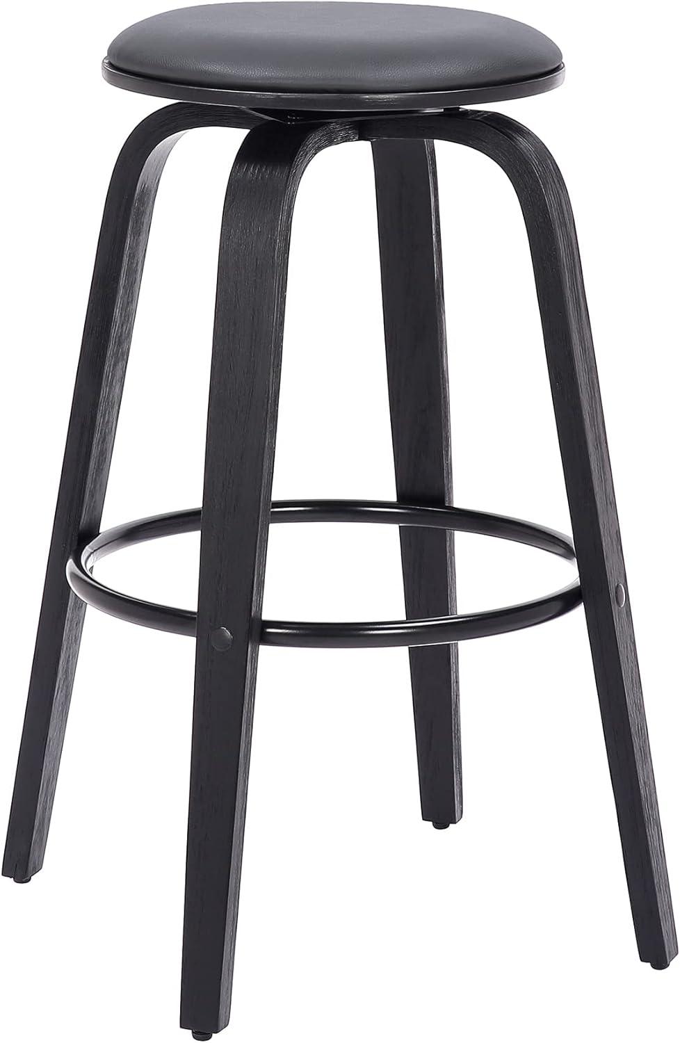 Armen Living 30" Harbor Backless Swivel Faux Leather Wood Counter Height Barstool Gray/Black: Round Seat, Footrest, Fixed Height