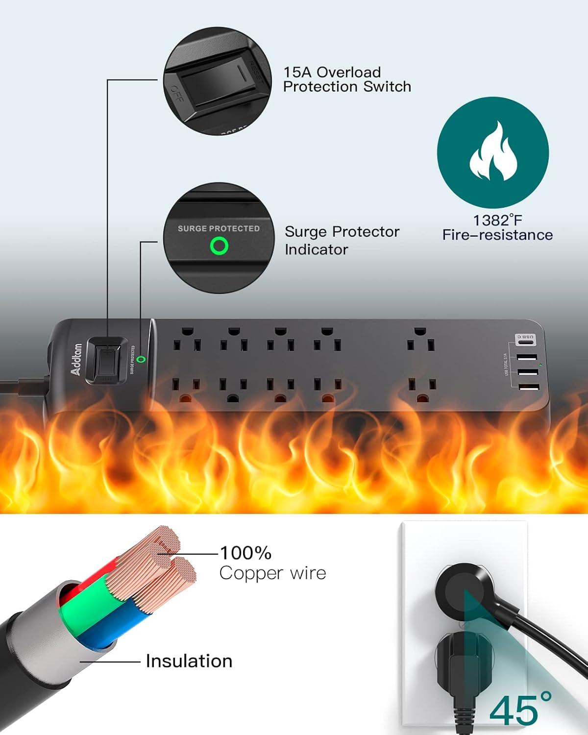 Power Strip Surge Protector - 6 Ft Extension Cord with 10 Outlets and 4 USB Ports(2700 J) for home, office, ETL Listed (Black)