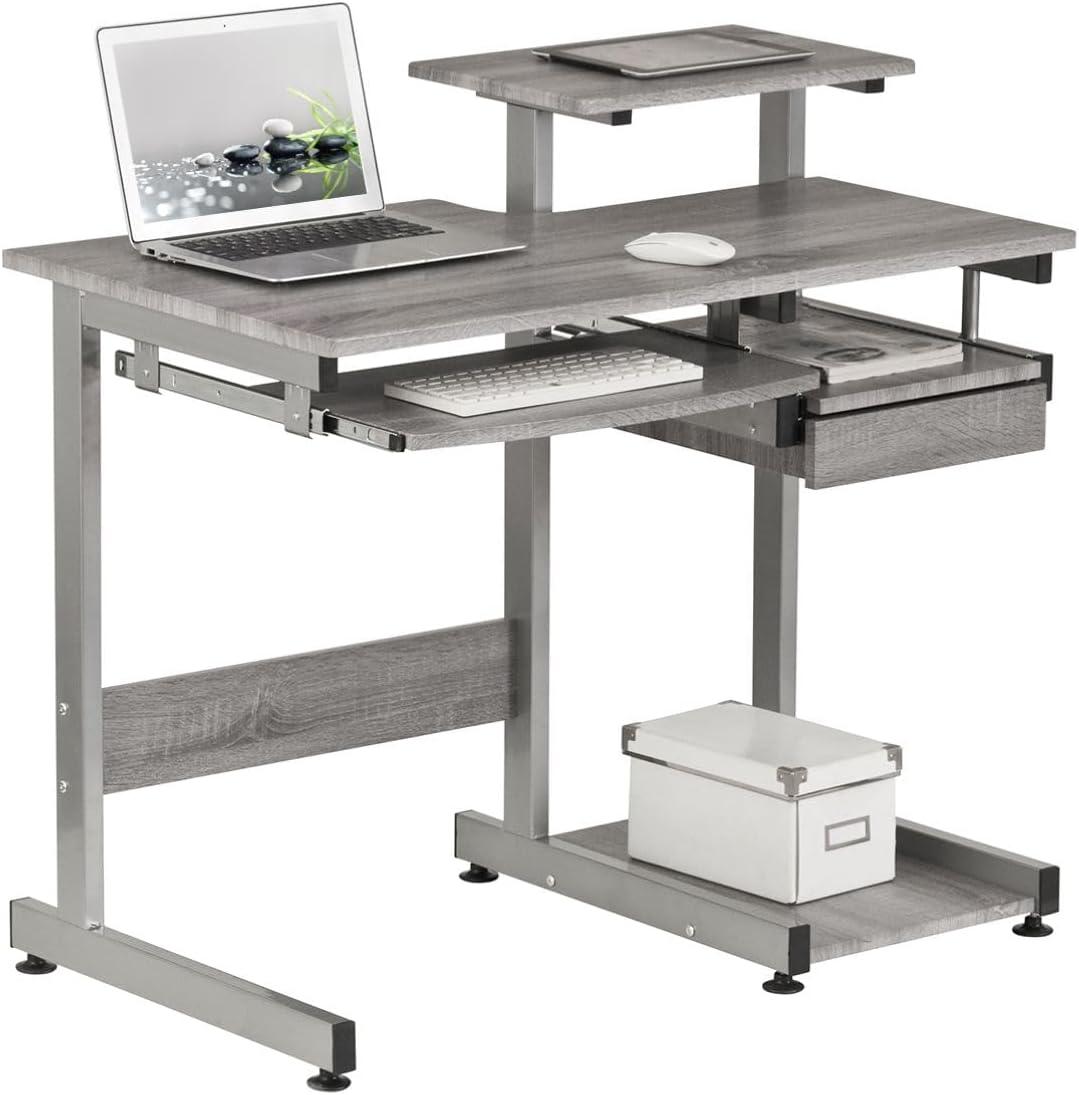 Complete Computer Workstation Desk Gray - Techni Mobili: With Drawer, Steel Frame, MDF Surface