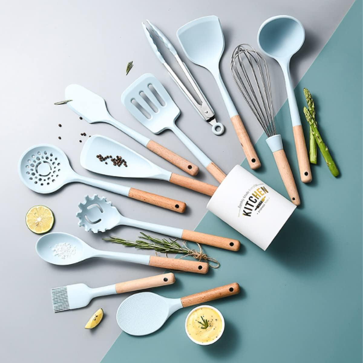 Silicone Kitchen Utensils Set,446°F Heat Resistant 13 Piece Wood Handle For Non-stick Cooking Set (BPA Free) Turner,Tongs,Spatula,Spoon,Brush,Whisk -White