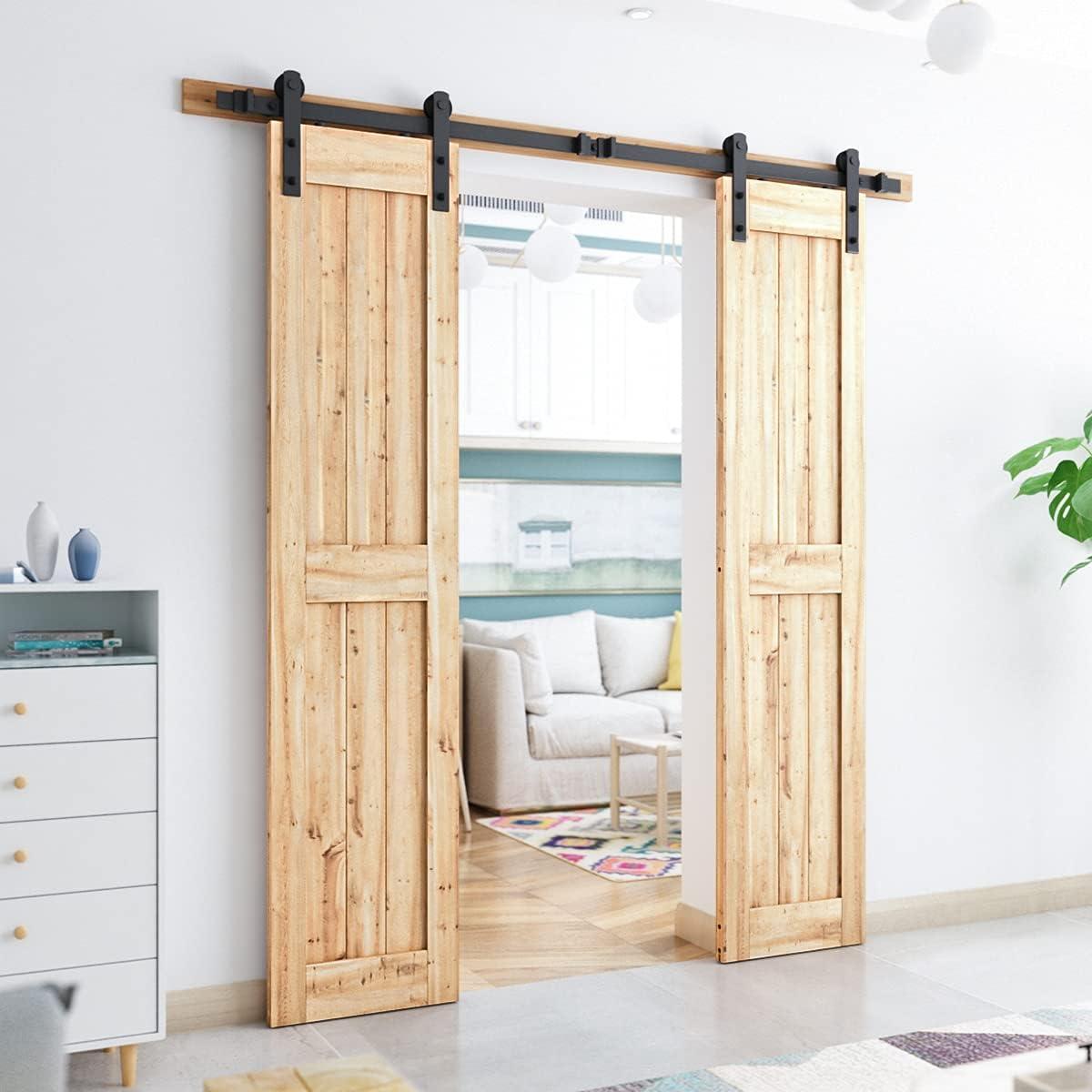 SMARTSTANDARD 6.6FT Heavy Duty Double Door Sliding Barn Door Hardware Kit,Smoothly and Quietly-Easy to Install-includes Step-by-Step Installation Instruction Fit 20" Wide Door Panel
