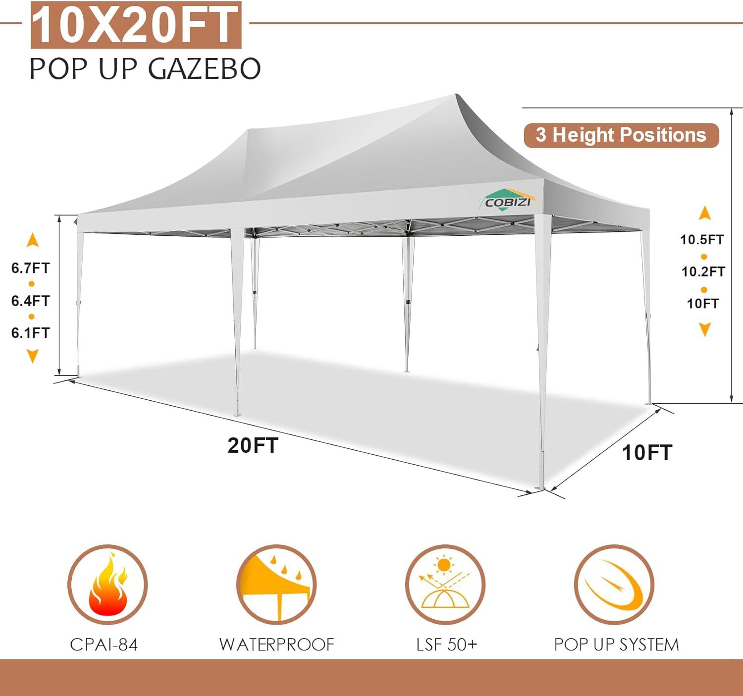 Cobizi 10x20 ft White Pop-up Outdoor Canopies, Waterproof