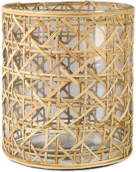 Clear Glass and Bamboo Tabletop Hurricane Candle Holder