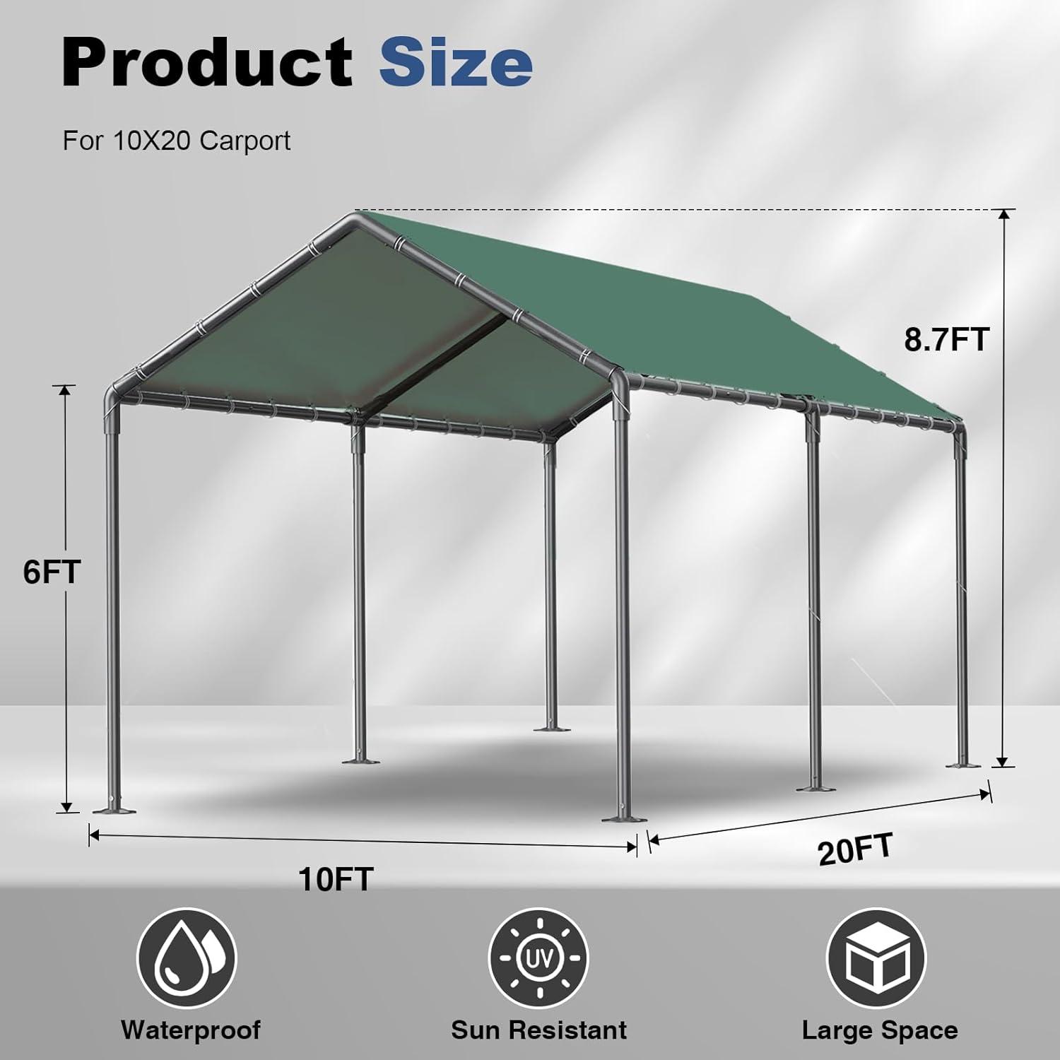 Quictent 10x20 ft Heavy Duty Carport Outdoor Garage Shelter Reinforced Structure, No Sidewall - Green