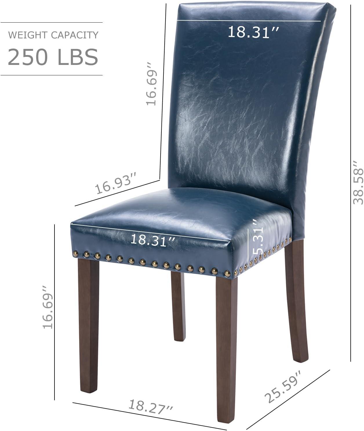 COLAMY Upholstered Dining Chairs Set of 2, PU Leather Dining Room Chairs with Nailhead Trim and Wood Legs - Blue