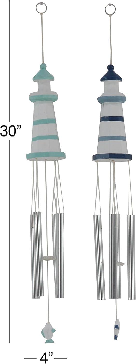 White and Blue Coastal Lighthouse Wood Wind Chimes Set