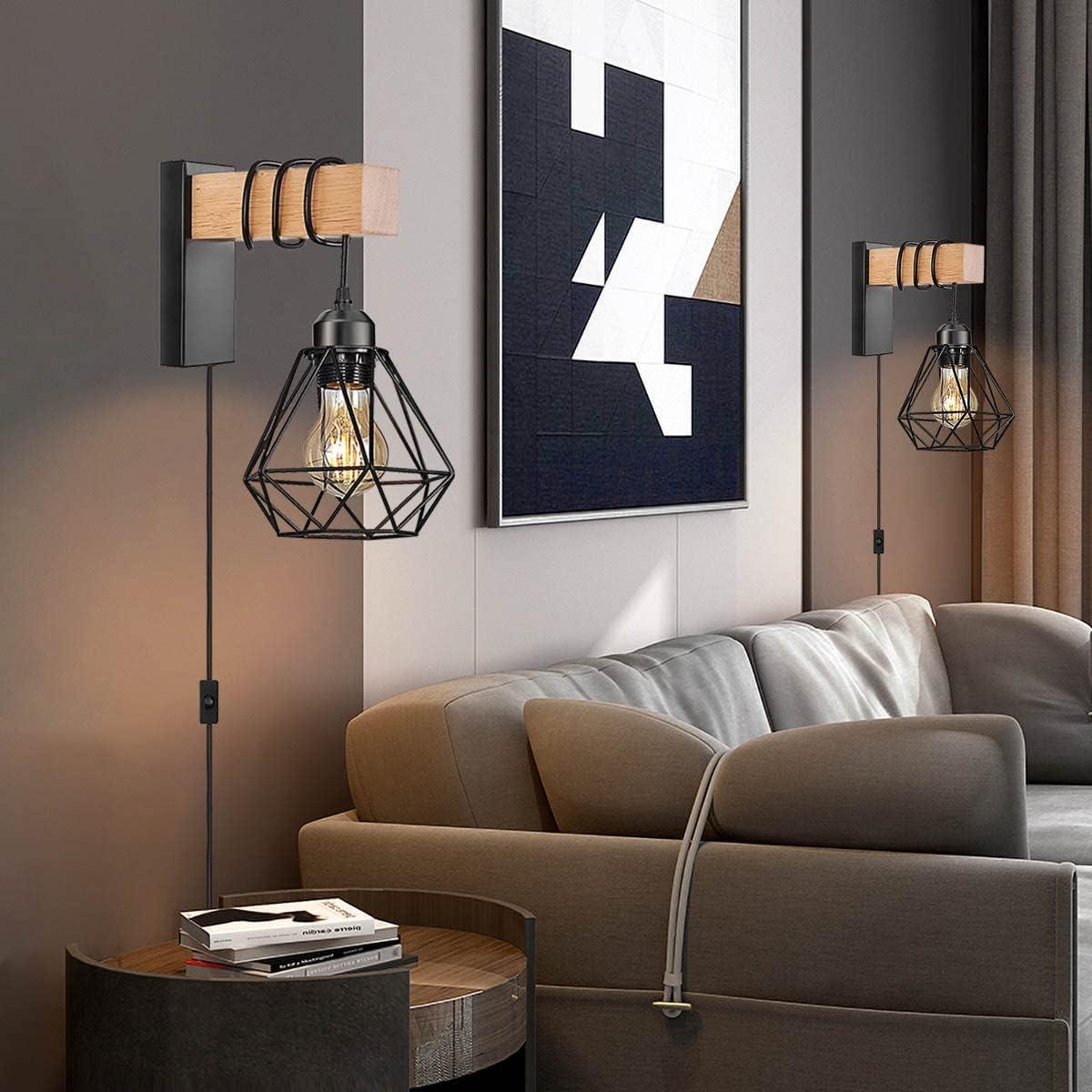 Black and Wood Plug-In Wall Sconce Set with Cage Shade