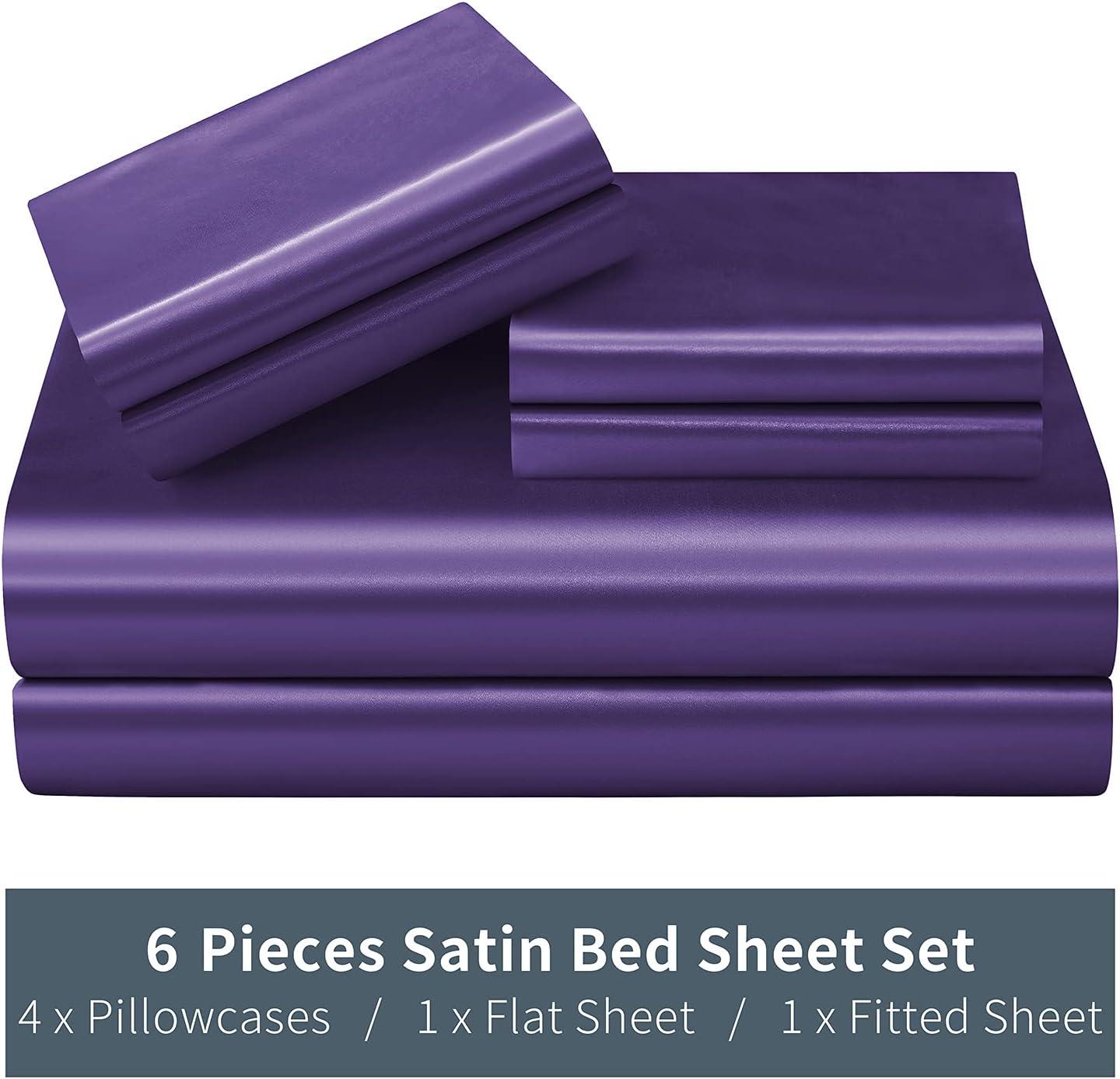 Hight Thread Count Solid Color Soft Silky Charmeuse Satin Luxury and Super Soft Bed Sheet Set (Purple, Queen)