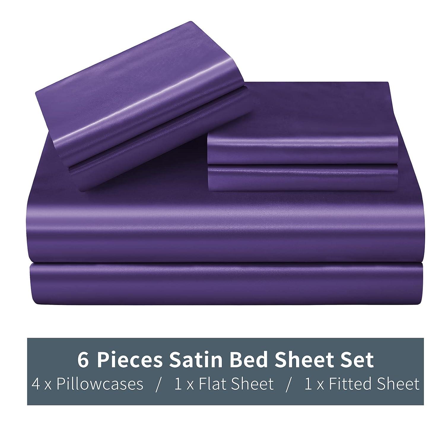 Hight Thread Count Solid Color Soft Silky Charmeuse Satin Luxury and Super Soft Bed Sheet Set (Purple, Queen)