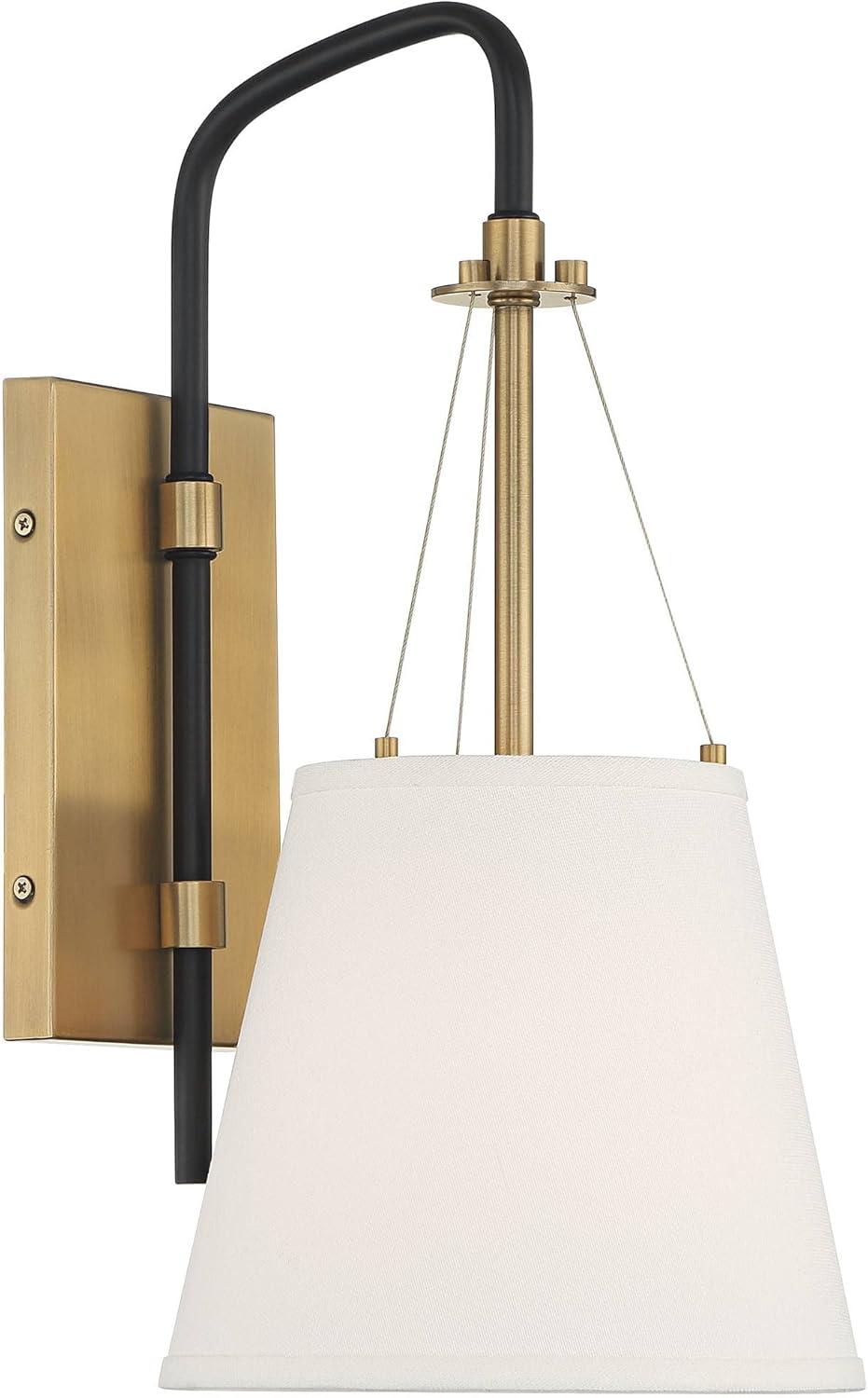 Possini Euro Design Mid Century Modern Wall Light Sconce Brass Black Hardwired 8" Fixture White Linen Shade for Bedroom Living Room