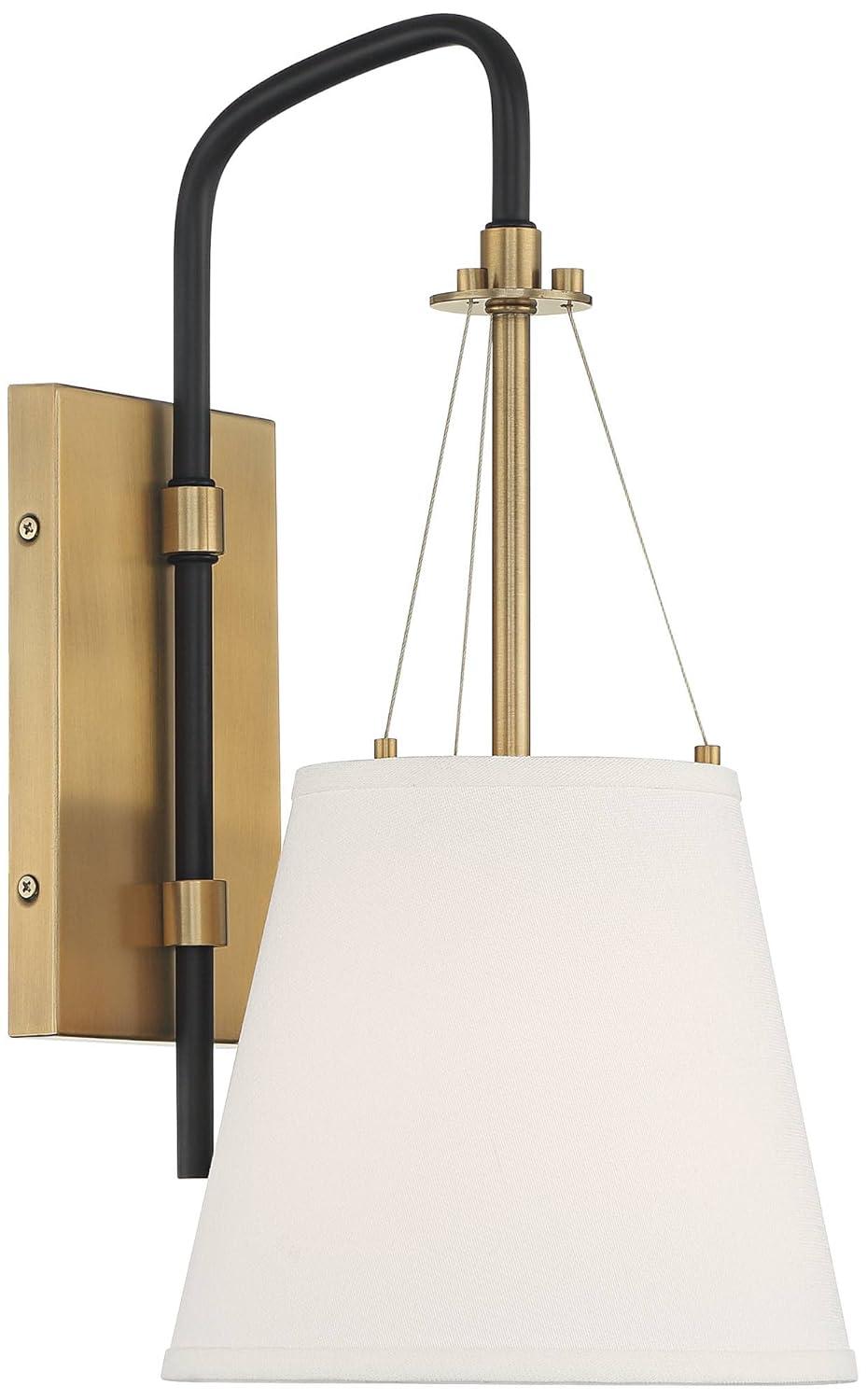 Possini Euro Design Mid Century Modern Wall Light Sconce Brass Black Hardwired 8" Fixture White Linen Shade for Bedroom Living Room